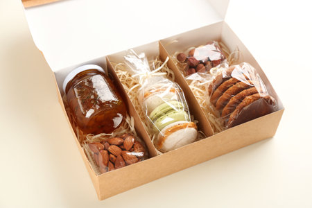 Stylish gift set in box on white backgroundの写真素材