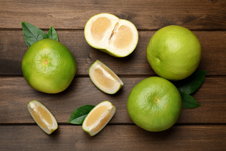 Whole and cut sweetie fruits on wooden table, flat layの写真素材
