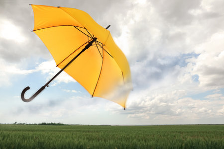 Open umbrella blown by wind gust outdoorsの写真素材