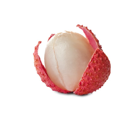 Whole ripe lychee fruit isolated on whiteの写真素材
