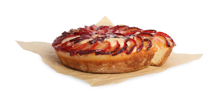 Delicious cake with plums isolated on whiteの写真素材