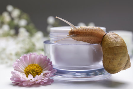 Snail, jar with cream and chrysanthemum flower on white background, closeupの写真素材