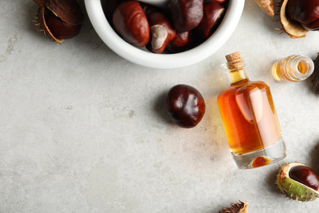 Flat lay composition with fresh horse chestnuts and extract on gray table. Space for textの写真素材