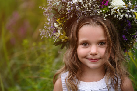 Cute little girl wearing wreath made of beautiful flowers in the field, closeupの写真素材