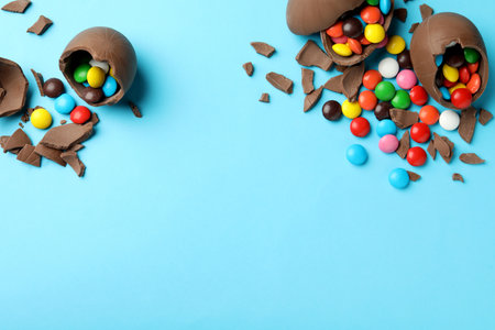 Broken chocolate eggs with candies on light blue background, flat lay. Space for textの写真素材