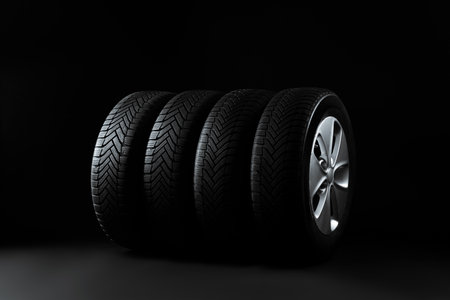 Set of wheels with winter tires on black backgroundの写真素材