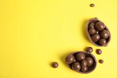 Halves of tasty chocolate egg with candies on yellow background, flat lay. Space for textの写真素材