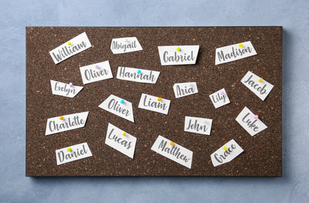 Cork board with baby names hanging on gray wallの写真素材