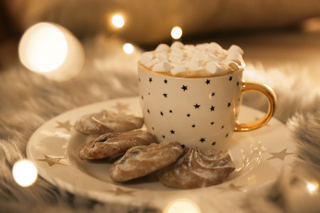 Cup of hot drink with marshmallows and cookies on plate indoors, closeup. christmas atmosphereの写真素材