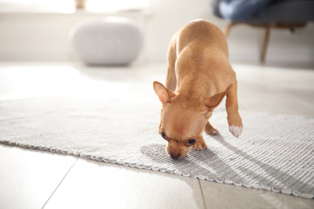 Cute Chihuahua puppy near wet spot on rug indoors. Space for textの写真素材