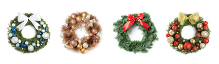 Set with beautiful Christmas wreaths on white background, banner designの写真素材