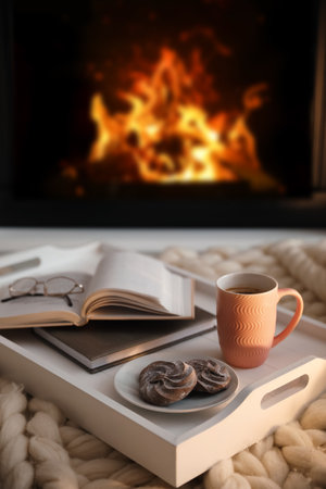 Cup of coffee, cookies and books on knitted blanket near burning fireplace indoors. Cozy atmosphereの写真素材