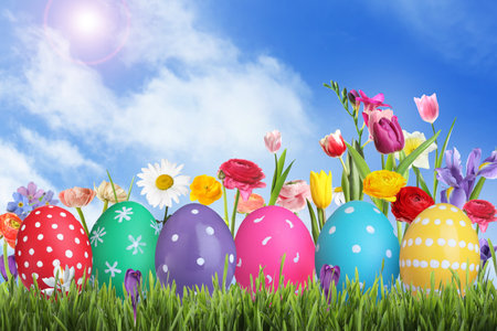 Bright Easter eggs and spring flowers on green grass outdoors