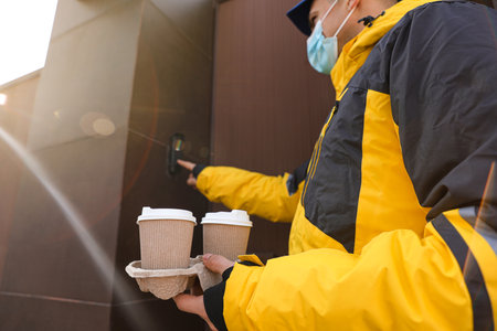 Courier in medical mask holding takeaway drinks and ringing doorbell outdoors, focus on paper cups....