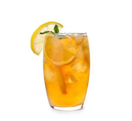 Delicious iced tea in glass on white backgroundの写真素材