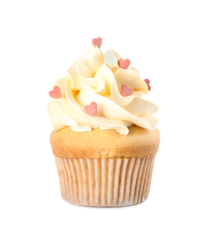 Tasty cupcake with heart shaped sprinkles for Valentine's Day isolated on whiteの写真素材