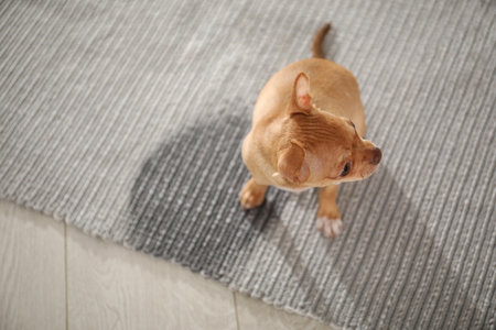 Cute Chihuahua puppy near wet spot on rug indoors, above viewの写真素材