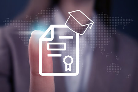 online learning concept. Woman touching diploma illustration on virtual screen, closeupの写真素材