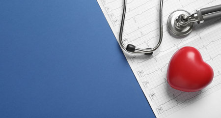 Cardiogram report, red decorative heart and stethoscope on blue background, flat lay with space for textの写真素材