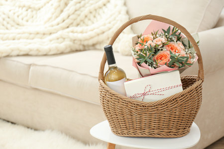 Wicker basket with gifts on table indoors. Space for textの写真素材