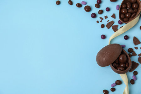Flat lay composition with delicious chocolate Easter eggs on light blue background. Space for textの写真素材