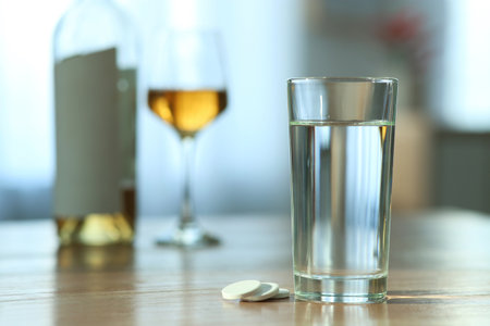 Glass of water and pills on table indoors, space for text. Hangover remedyの写真素材