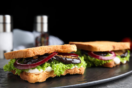Delicious eggplant sandwiches on slate board, closeupの写真素材