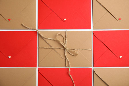 Envelopes on white background, flat lay. Love lettersの写真素材