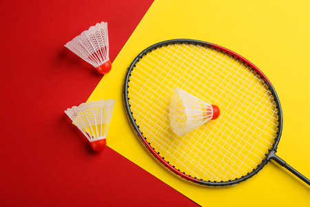 Badminton racket and shuttlecocks on color background, flat layの写真素材