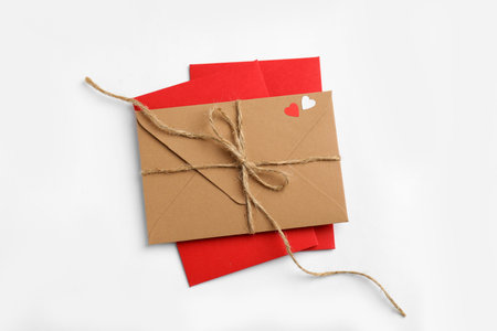 Envelopes on white background, top view. Love lettersの写真素材