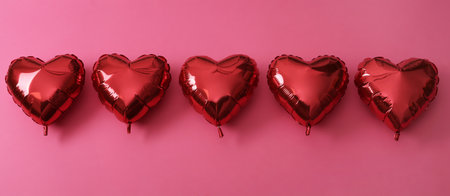 Red heart shaped balloons on pink background, flat lay. Saint Valentine's day celebrationの写真素材