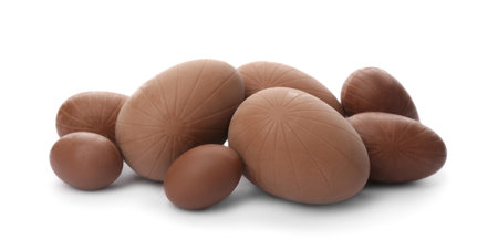 Many sweet chocolate eggs on white backgroundの写真素材