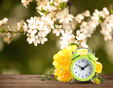 Alarm clock and spring flowers on wooden table, space for text. Time changeの写真素材