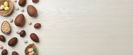 Sweet chocolate eggs and candies on white wooden table, flat lay with space for text. Banner design