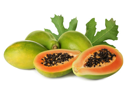Fresh ripe papaya fruits and green leaves on white backgroundの写真素材