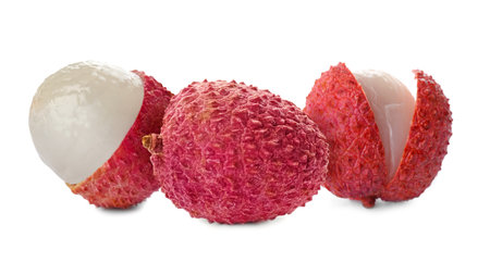 Fresh ripe lychee fruits on white background, banner designの写真素材