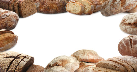 Set with different fresh tasty bread on white backgroundの写真素材