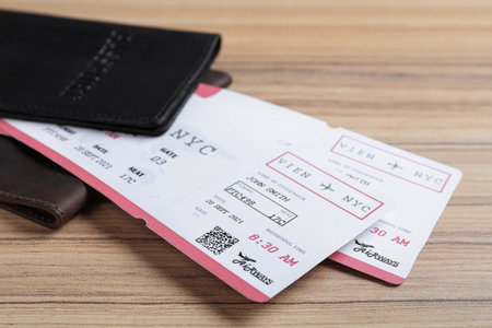 Avia tickets and passports on wooden table, closeup. travel agency conceptの写真素材