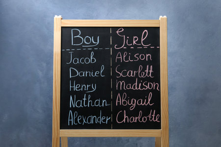 Chalkboard stand with baby names on blue backgroundの写真素材