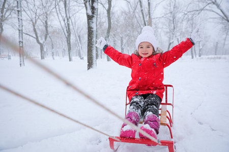 Cute little girl enjoying sleigh ride outdoors on winter dayの写真素材