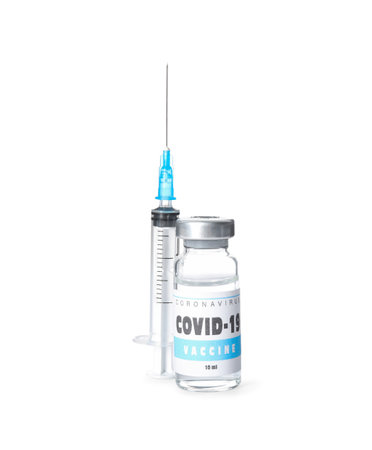 Vial with vaccine against coronavirus and syringe on white backgroundの写真素材
