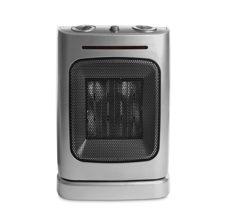 Modern electric fan heater isolated on whiteの写真素材