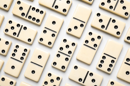 Classic domino tiles on white background, flat layの写真素材