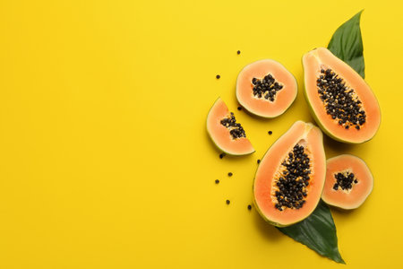 Fresh ripe papaya fruits with green leaves on yellow background, flat lay. Space for textの写真素材