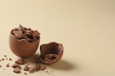 Broken chocolate egg on beige background, space for textの写真素材
