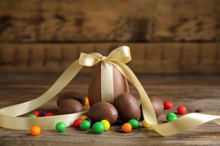 Tasty chocolate eggs and colorful candies on wooden table