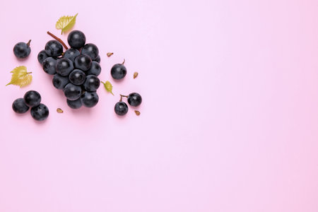 Bunch of ripe dark blue grapes with leaves on pink background, flat lay. Space for textの写真素材