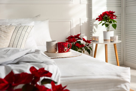 Poinsettias near bed in light cozy room. Christmas interior designの写真素材