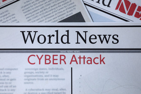 Top view of newspapers with headlines CYBER ATTACK as background, closeupの写真素材