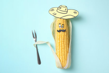 Mexican man made of corncob, paper hat and fork on light blue background, top viewの写真素材